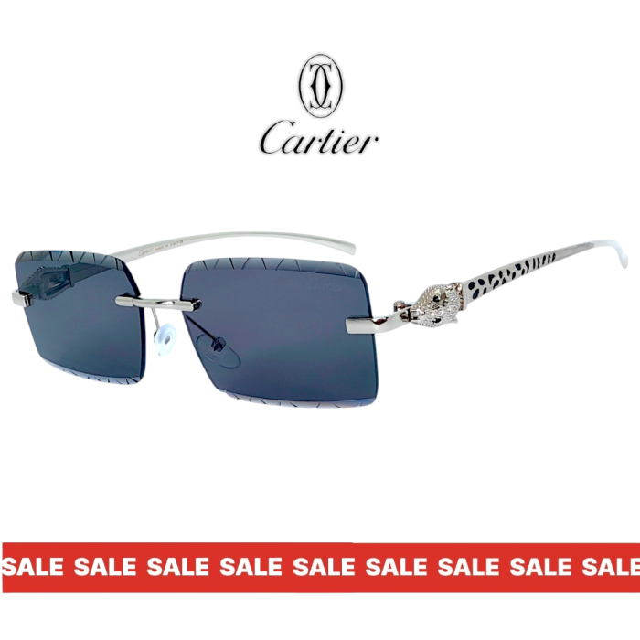 Cartier унисекс слънчеви очила – фасетни черни лещи и сребриста рамка с пантера