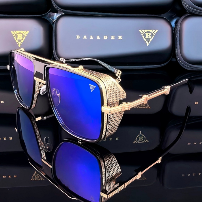 слънчеви очила ballder мъжки златна рамка сини огледални стъкла масивен модел