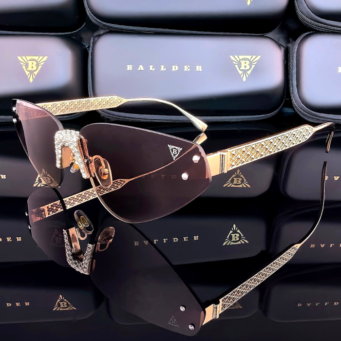 слънчеви очила ballder дамски златна рамка кафяви стъкла циркониеви камъчета луксозен модел