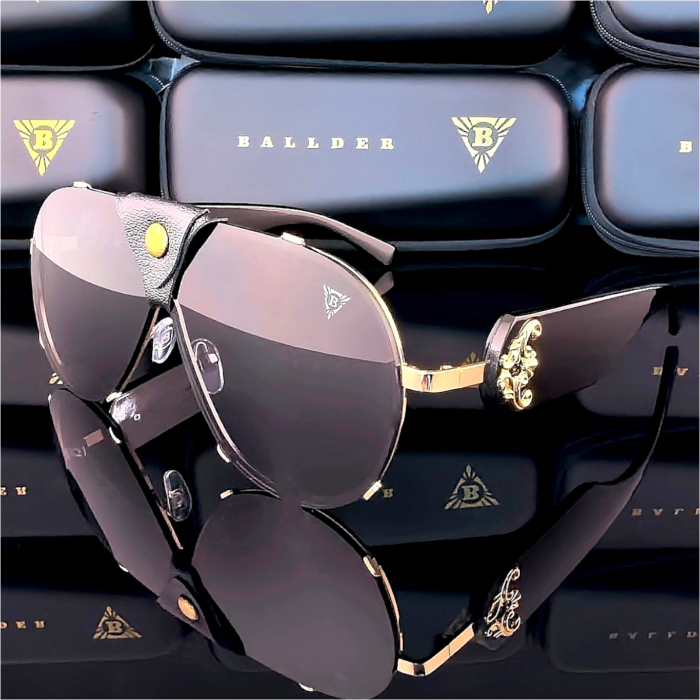 слънчеви очила ballder унисекс златно и черно рамка черна кожа черни стъкла модел маска