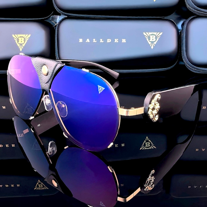 слънчеви очила ballder унисекс златно и черно рамка черна кожа сини стъкла модел маска