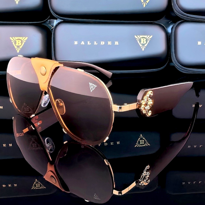 слънчеви очила ballder унисекс златно и кафяво рамка кафява кожа кафяви стъкла модел маска