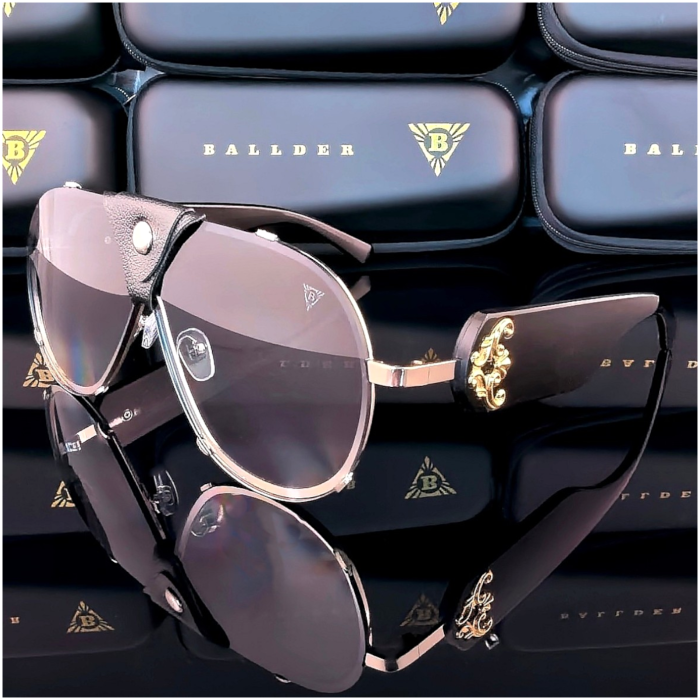 слънчеви очила ballder унисекс черно и златно рамка черна кожа светли стъкла модел маска