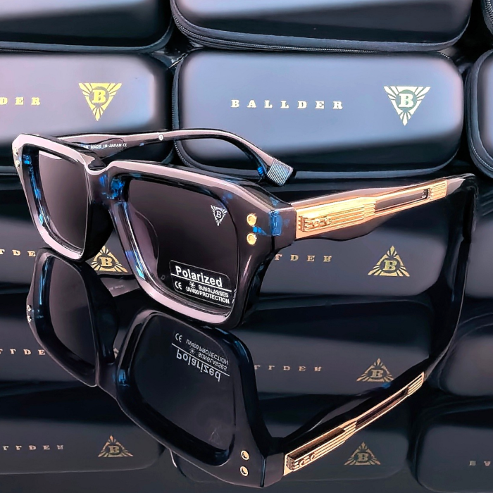 Слънчеви очила Ballder черно сини със златни елементи и черни стъкла страничен изглед