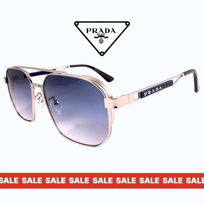 Мъжки слънчеви очила Prada 2026 сребриста рамка сини преливащи стъкла страничен изглед