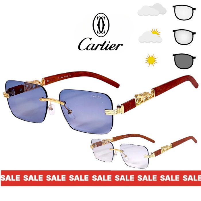 Унисекс фотохромни слънчеви очила Cartier златна рамка сини фотохромни стъкла страничен изглед