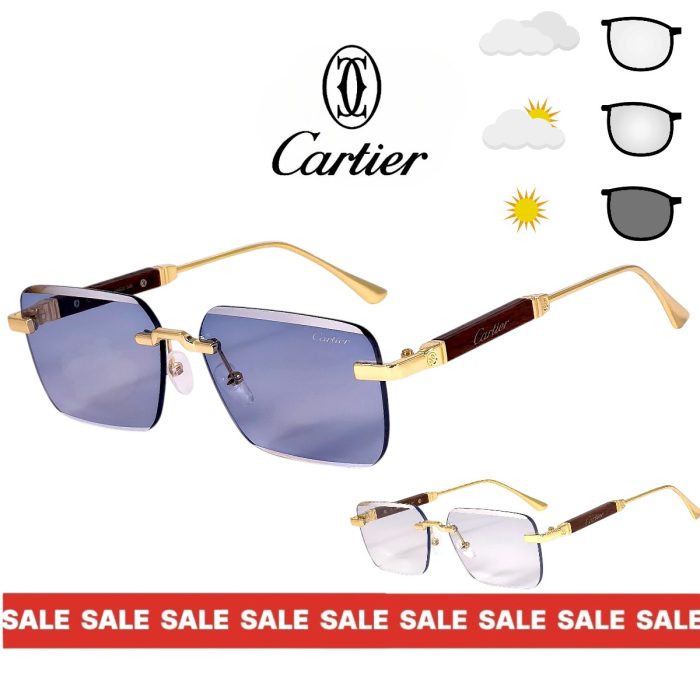 Унисекс фотохромни слънчеви очила Cartier златна рамка сини фотохромни стъкла страничен изглед