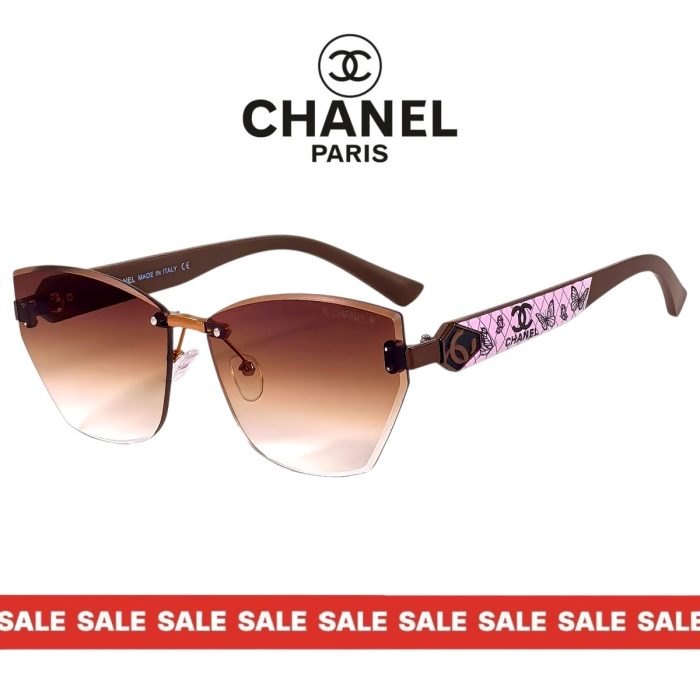 Дамски слънчеви очила Chanel кафява рамка кафяви преливащи стъкла розови графики страничен изглед
